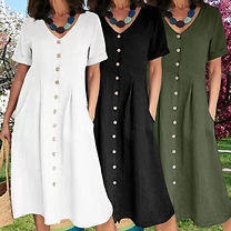 Women’s Short-Sleeve Button Dress - 6 Colours, 8 Sizes