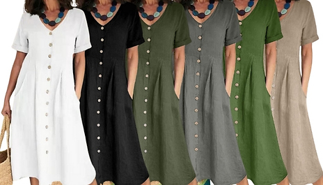 Women’s Short-Sleeve Button Dress - 6 Colours, 8 Sizes