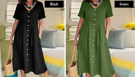 Women’s Short-Sleeve Button Dress - 6 Colours, 8 Sizes