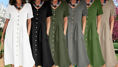 Women’s Short-Sleeve Button Dress - 6 Colours, 8 Sizes
