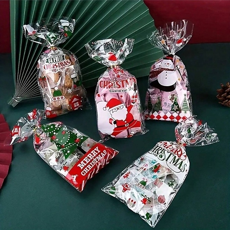 5 or 50-Piece Christmas Themed Plastic Treat Gift Bags - 3 Designs!